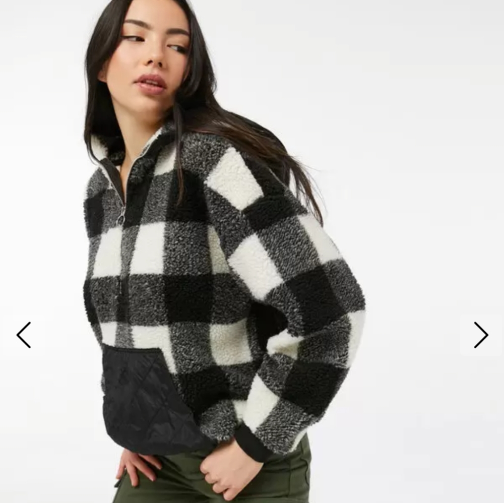 Cleo Petites Half Zip Fleece Hoodie Black and White Buffalo Checks